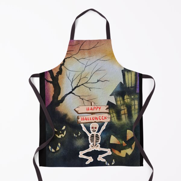 Item preview, Skeleton holding a Happy Halloween sign haunted house designed and sold by Marcia Motivos.