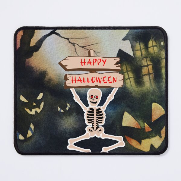 Item preview, Skeleton holding a Happy Halloween sign haunted house designed and sold by Marcia Motivos.