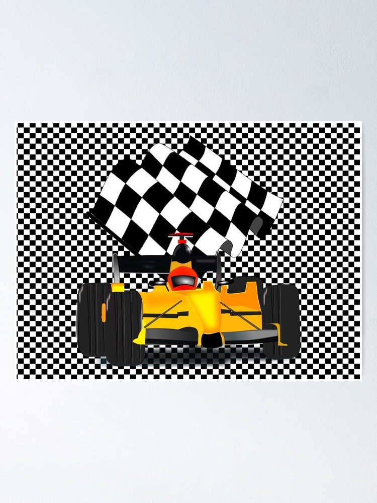 Yellow Race Car with Checkered Flag Poster for Sale by Gravityx9
