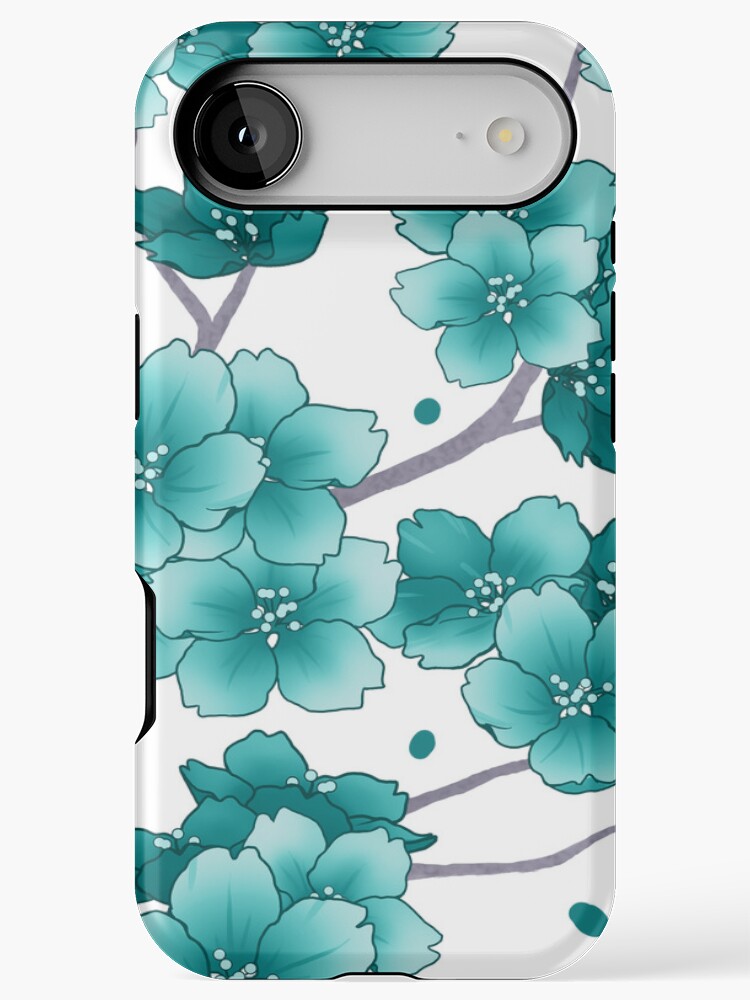 Falling teal blue Sakura Cherry Blossom branches on white