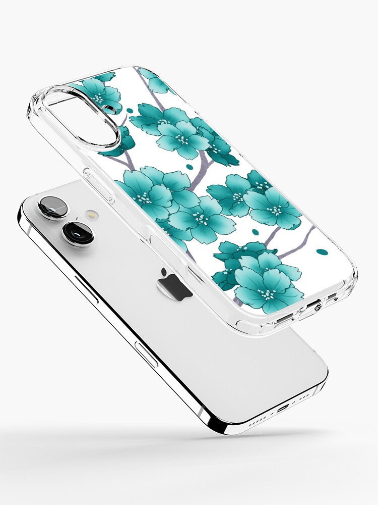 Falling teal blue Sakura Cherry Blossom branches on white