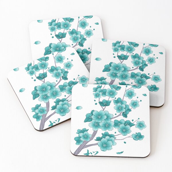 Item preview, Falling teal blue Sakura Cherry Blossom branches on white designed and sold by arterialmotive.