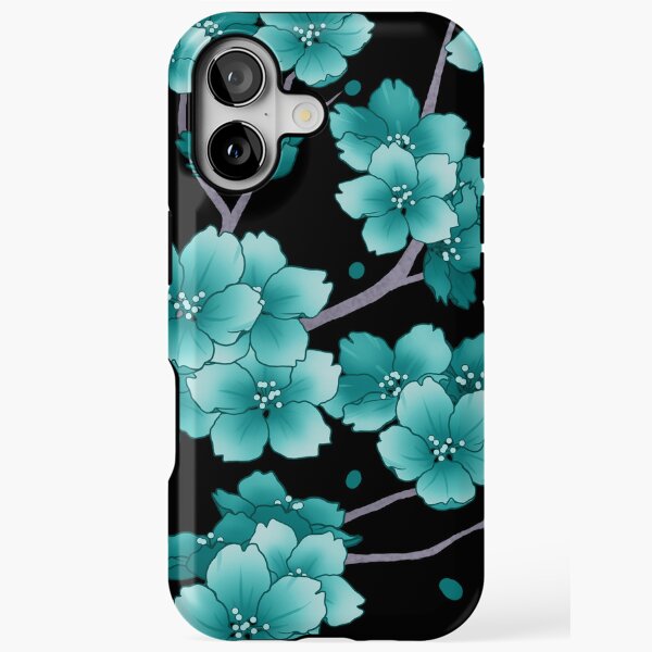 Falling teal blue Sakura Cherry Blossom on black