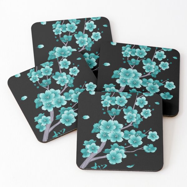 Item preview, Falling teal blue Sakura Cherry Blossom on black designed and sold by arterialmotive.