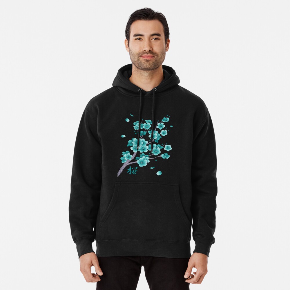 Falling teal blue Sakura Cherry Blossom on black Pullover Hoodie for Sale by arterialmotive Redbubble