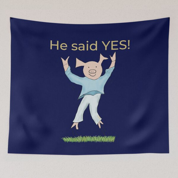 Item preview, He said yes! Blue, Engagement, proposal, moving in together, going steady, dating, celebrate, elated cute pig. Yes! designed and sold by PiggingJapan.