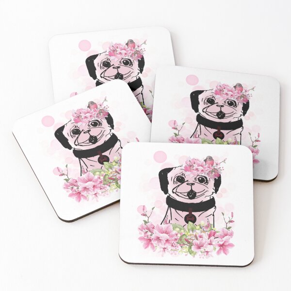 Item preview, Spring Pug, spring pug with pink flowers, pink petals and transparent bubbles in delicate rose designed and sold by Anke Franikowski.