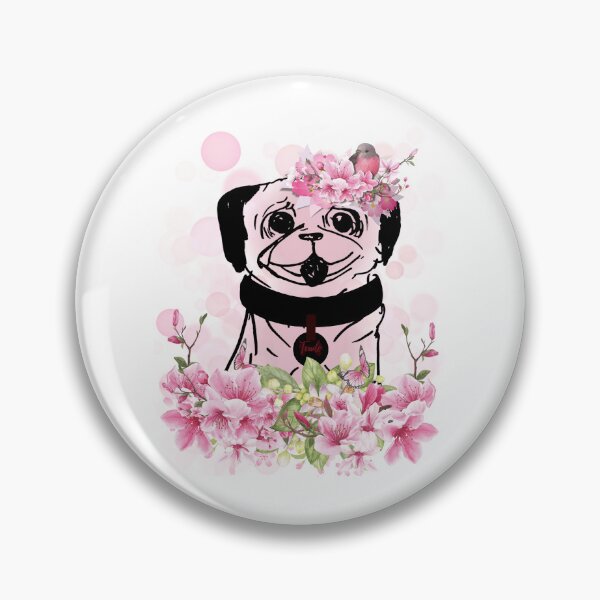 Item preview, Spring Pug, spring pug with pink flowers, pink petals and transparent bubbles in delicate rose designed and sold by Anke Franikowski.