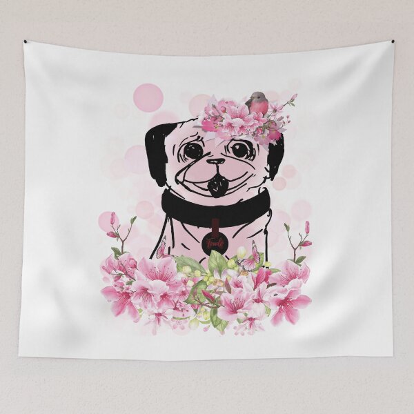 Item preview, Spring Pug, spring pug with pink flowers, pink petals and transparent bubbles in delicate rose designed and sold by Anke Franikowski.