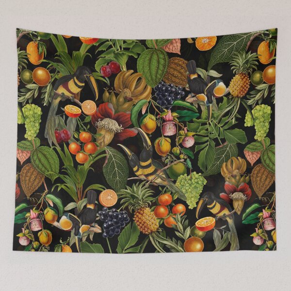 Item preview, tropical Toucans And exotic fruits Flowers Botanical Night Garden Vintage Pattern black Nightgarden designed and sold by UtArt.