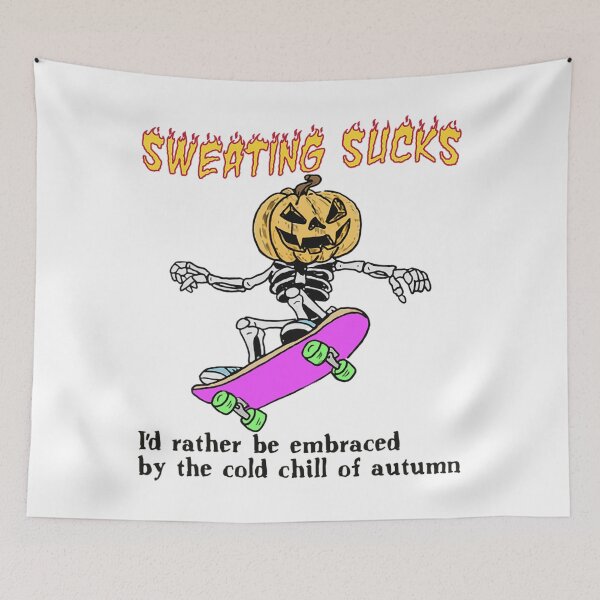 Item preview, Sweating Sucks Skeleton Pumpkin Head Halloween designed and sold by scrawnymisfit85.