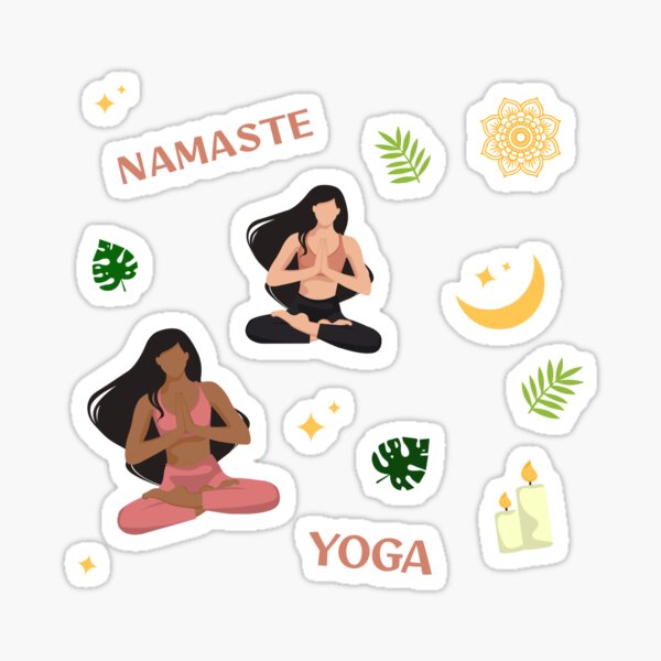 Pegatinas de yoga. Chica de yoga, luna, estrellas, velas, plantas. Pegatina