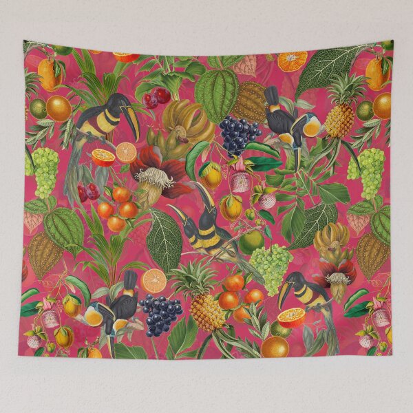 Item preview, tropical Toucans And exotic fruits Flowers Garden Vintage Botanical Garden Pattern magenta pink Nightgarden designed and sold by UtArt.