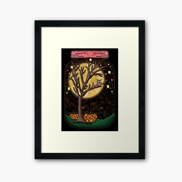 Full Moon Spooky Fall Pumpkin Owl Terrarium, Jar No. 13 (Pink Lid) Framed Art Print