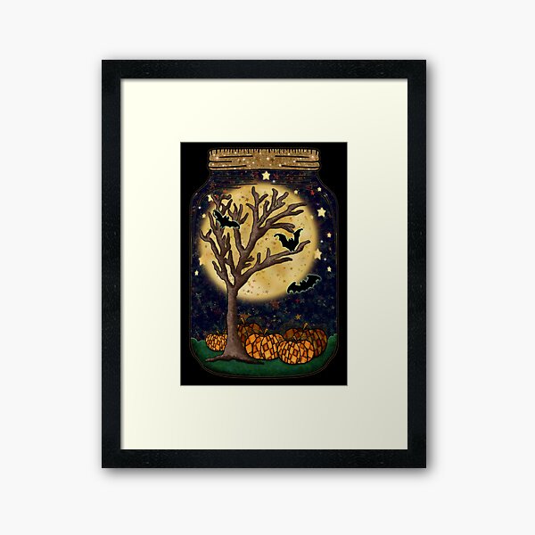 Full Moon Spooky Fall Pumpkins and Bats Terrarium, Jar No. 14 Framed Art Print