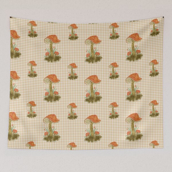 Item preview, Autumn pattern Orange mushrooms on beige checkered background designed and sold by Marcia Motivos.