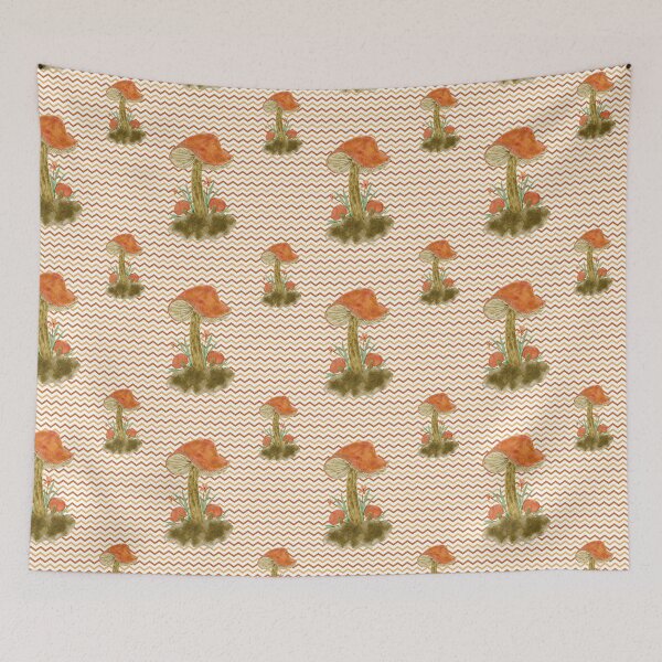 Item preview, Autumn pattern Orange mushrooms on orange beige terracotta wavy background designed and sold by Marcia Motivos.