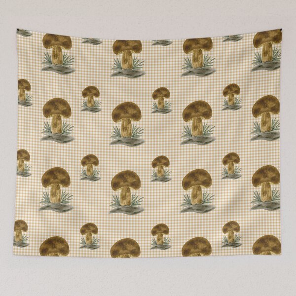 Item preview, Autumn pattern Brown mushrooms on beige checkered background designed and sold by Marcia Motivos.