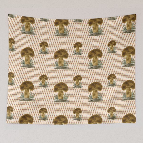 Item preview, Autumn pattern Brown mushrooms on wavy terracotta and beige background designed and sold by Marcia Motivos.
