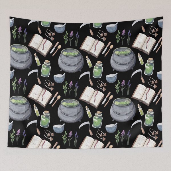 Item preview, witchy stuff on black designed and sold by Lawendowetwory.
