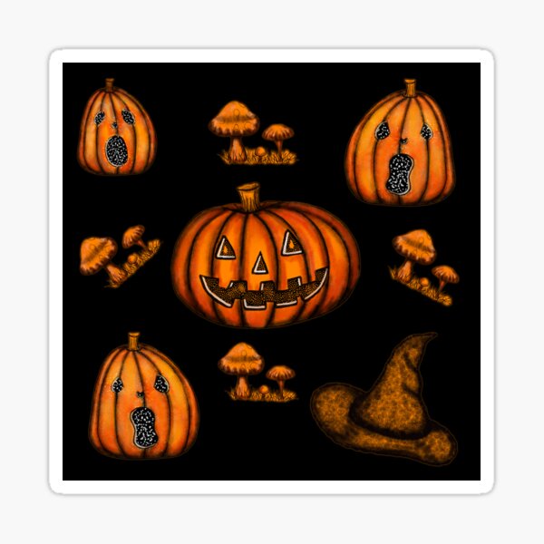 Pumpkins &amp; Mushrooms Black background Halloween Pattern Sticker