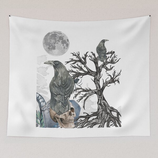 Item preview, Raven on Skull in Graveyard Full Moon Spooky Tree designed and sold by OutdoorsZee1.