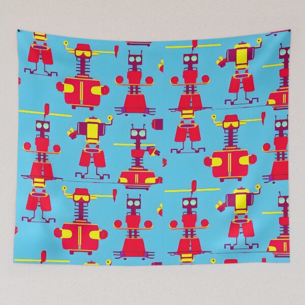 Item preview, Robots on blue background designed and sold by Kybruno's Creations.