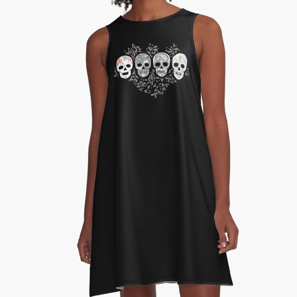 Sugar Skulls Calaveras Line in Gray A-Line Dress