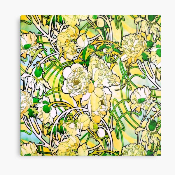 Mucha Peonies, a la Stained Glass HDR Metal Print