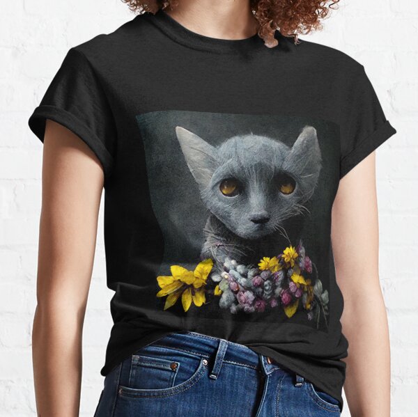 ALBERT, an ai generated grey kitten character with big ears and colorful flowers. Classic T-Shirt