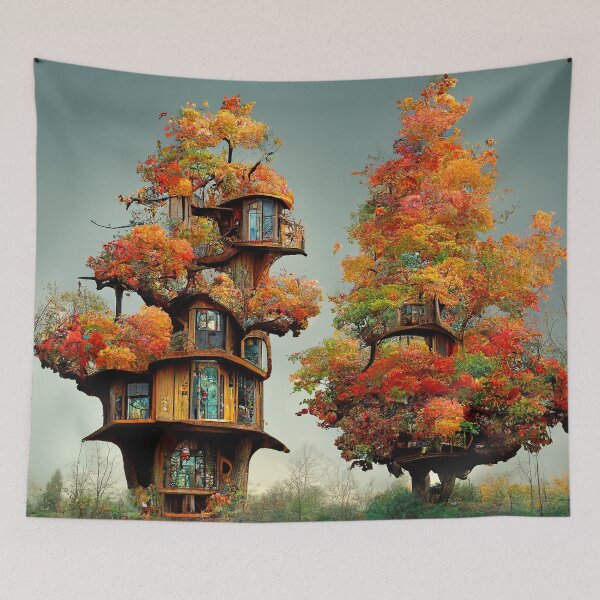 Item preview, Autumn Treehouses Abstract AI Generated Art designed and sold by MeAI-Art.