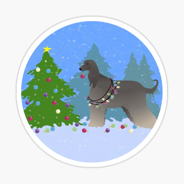 Afghan Hound Dog Decorating Christmas Tree in the Forest Sticker