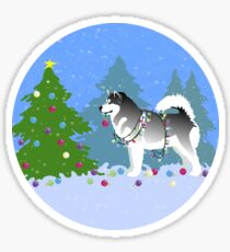 Alaskan Malamute Dog Decorating Christmas Tree in the Forest Sticker