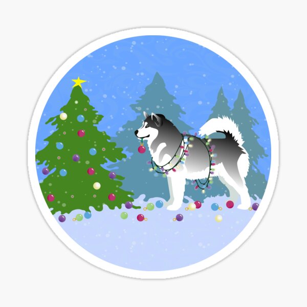 Alaskan Malamute Dog Decorating Christmas Tree in the Forest Sticker