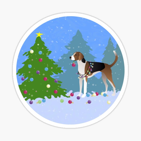 American Foxhound Dog Decorating Christmas Tree in the Forest Sticker