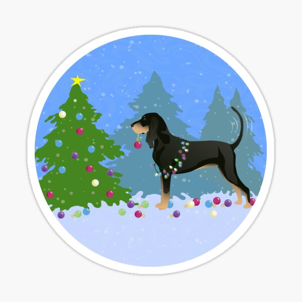 Black and Tan Coonhound Decorating Christmas Tree in the Forest Sticker