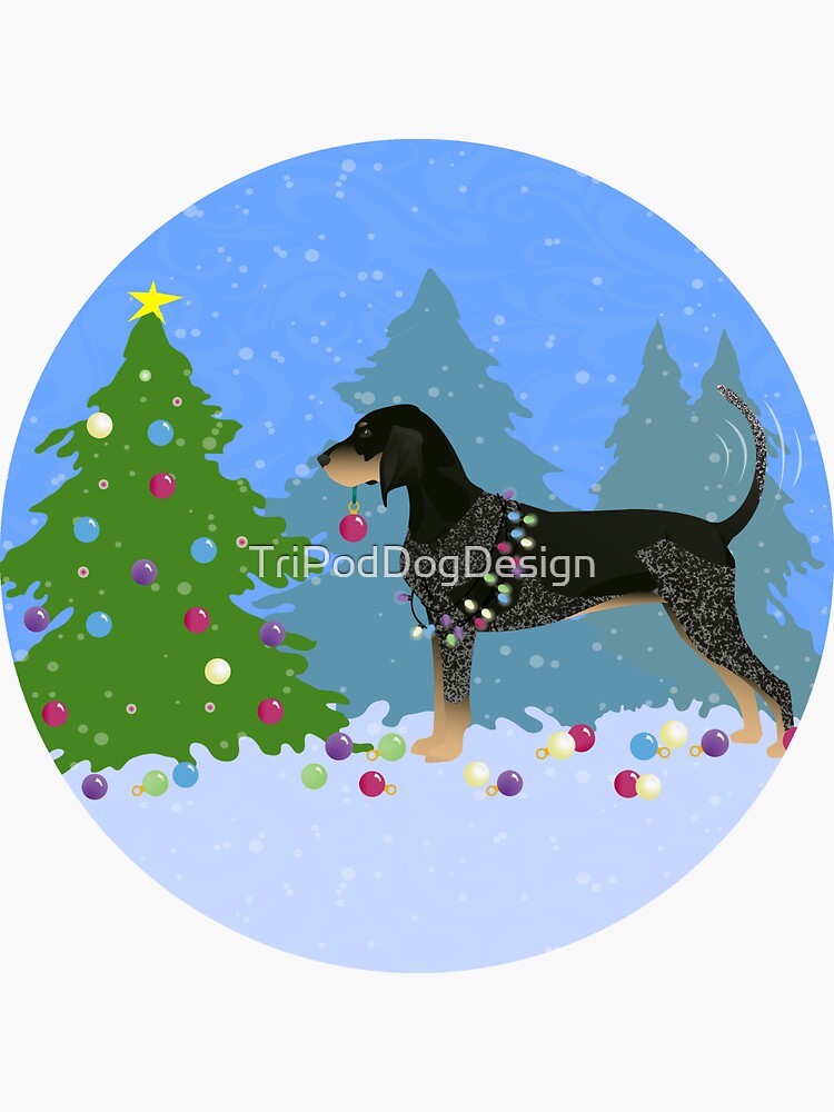 Thumbnail 3 of 3, Sticker, Bluetick Coonhound Decorating Christmas Tree in the Forest designed and sold by TriPodDogDesign.