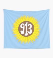 Hand Drawn Kansas Sunflower 913 Area Code Wall Tapestry