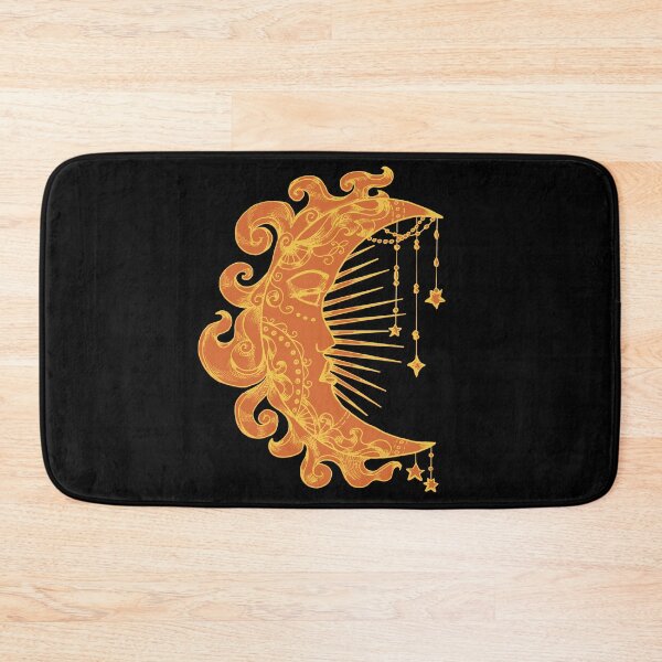 Item preview, Witchy Fantasy Mystic Moon Symbol Face | Celestial Body | Half Moon | Stars Flames Sun Orange | Black Background: designed and sold by LifeAndWonder.