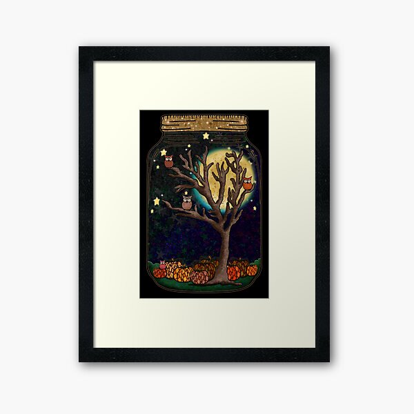 Full Moon Owls & Pumpkin Party Terrarium Jar No. 15 Framed Art Print