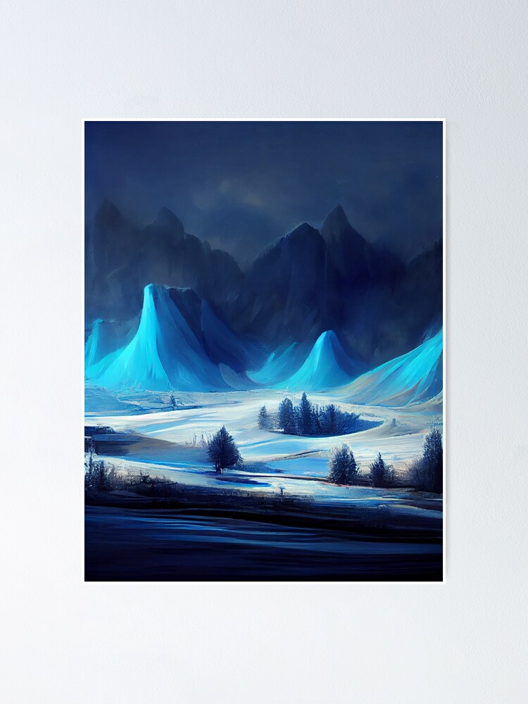"Blue Freezing Landscape, Realistic Art, Watercolor Painting, Ice, Lake