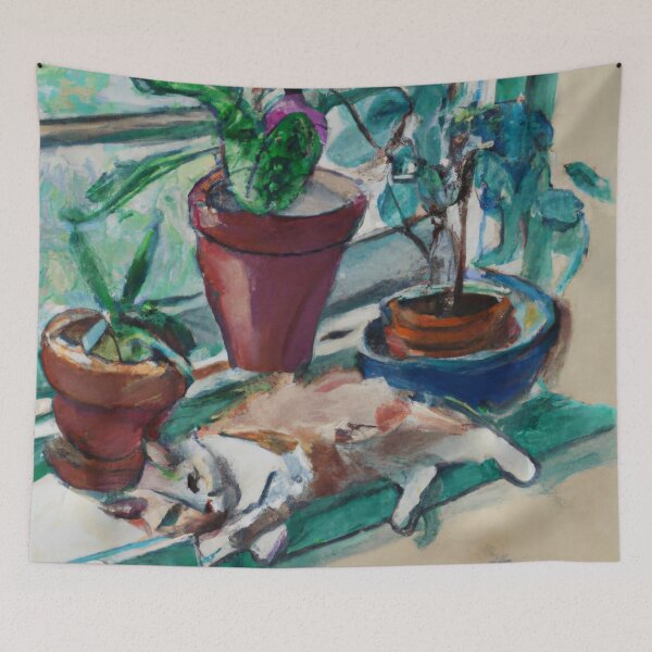 Item preview, Franny the Cat, lounging by potted plants (Impressionism) designed and sold by thecatandkettle.