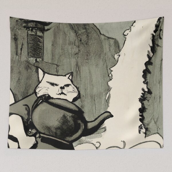 Item preview, Bēguru the Cat, tea by a waterfall (Sumi-e) designed and sold by thecatandkettle.