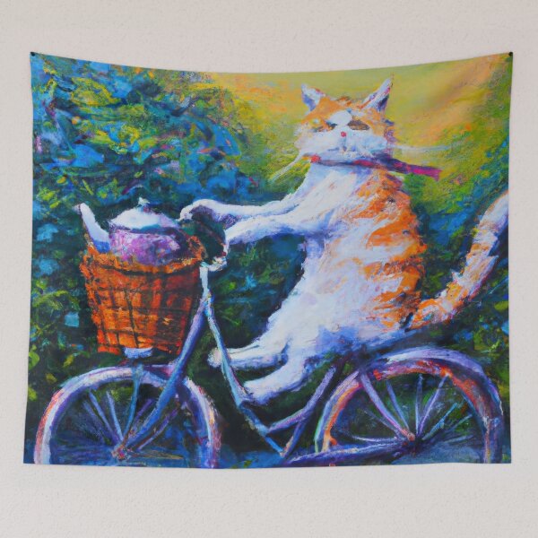 Item preview, Mabel the Cat, tea on a bicycle (Impressionism) designed and sold by thecatandkettle.