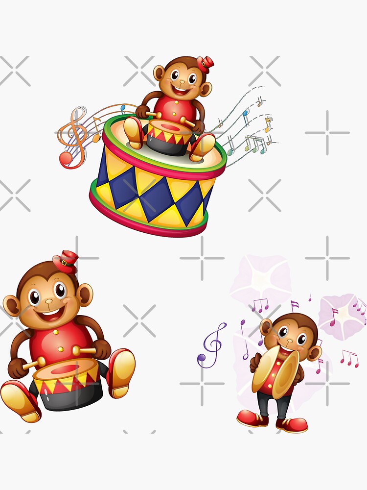 "Sticker Pack Of Monkeys Playing Drums, Cymbals" Sticker for Sale by