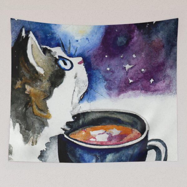 Artikelvorschau, Toponi, die Katze, blickt zu den Sternen (Aquarell) entworfen und verkauft von thecatandkettle.