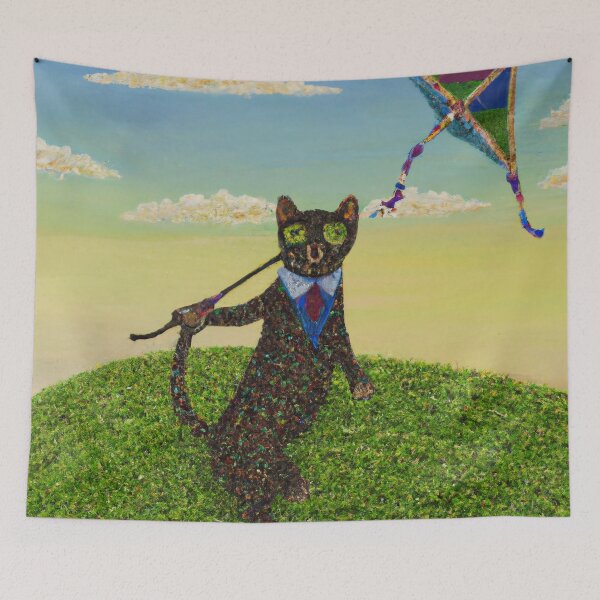 Artikelvorschau, Martin, die Katze, ein Drachen bei Sonnenuntergang (Pointillismus) entworfen und verkauft von thecatandkettle.