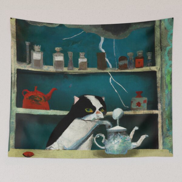 Item preview, Cheddar the Cat, making a pot of tea (Surrealism) designed and sold by thecatandkettle.