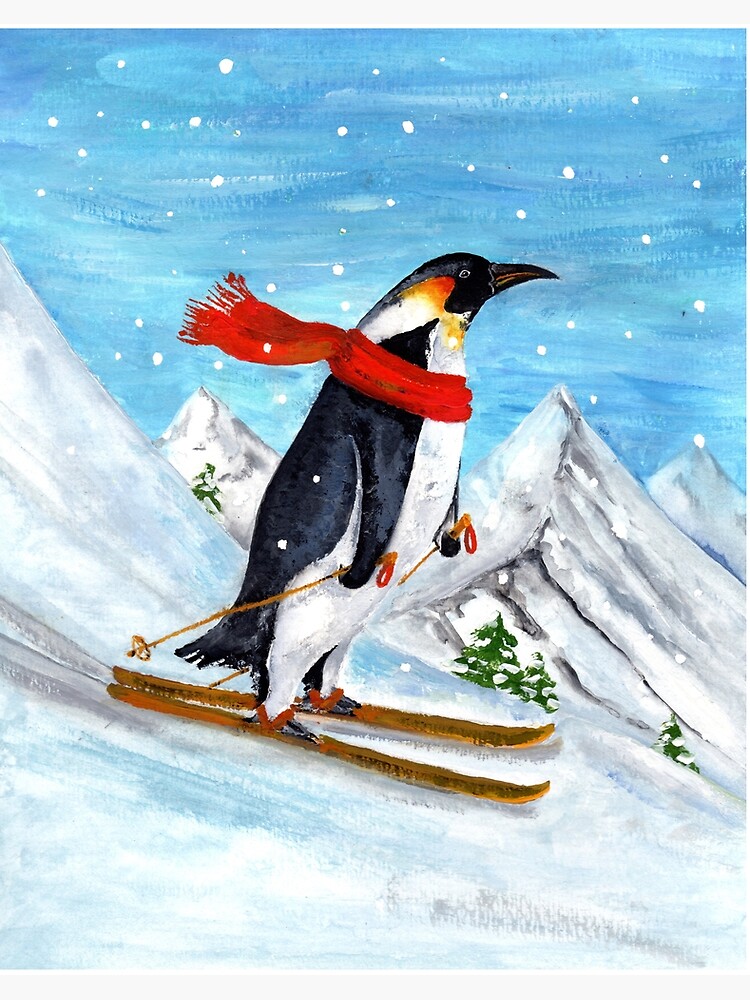 Vintage Style Penguin Downhill Skiing Art Board Print for Sale by Goosi