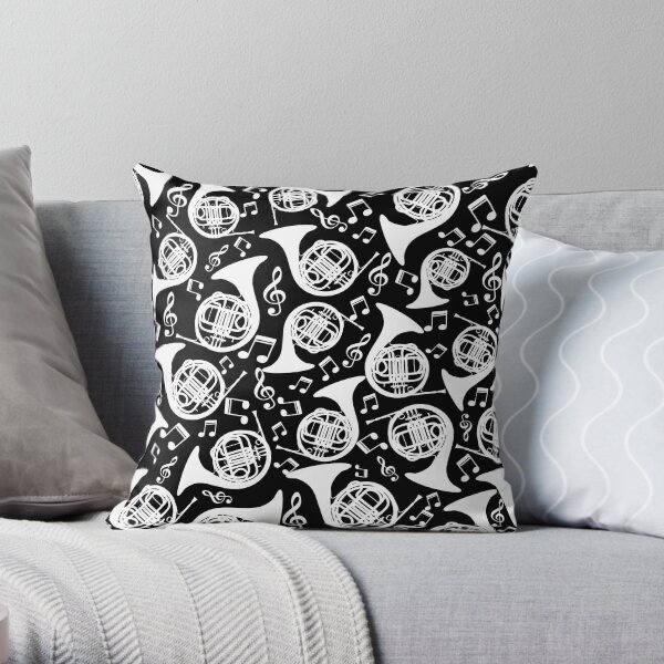 French Horn And Music Notes Pattern White Throw Pillow